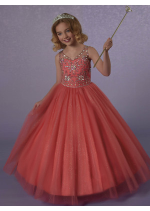 V Neck Beaded Glittering Tulle Corset Back Flower Girl Dress With Bolero